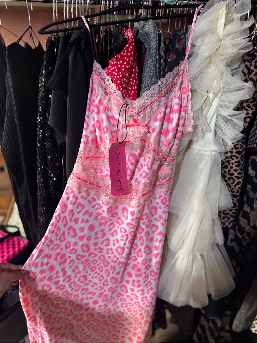 Betsey Johnson Pink Leopard slip-dress with Lace Trim and attached belt xxl